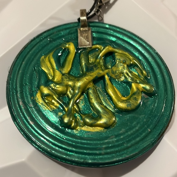 Reversible Artistic Circular Blue and Yellow Handmade Necklace - Picture 12 of 17